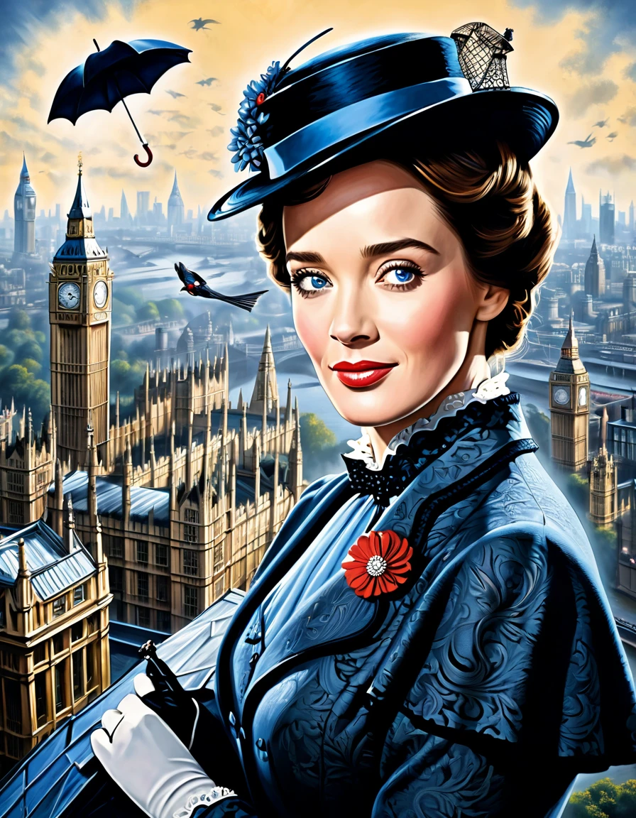 A perfect portrait picture of an enigmatic nany Mary Poppins [Julie Andrews:Emily Blunt:0.5] with aerial background of London, insanely detailed and intricate, realistic style, Don Lawrence Style