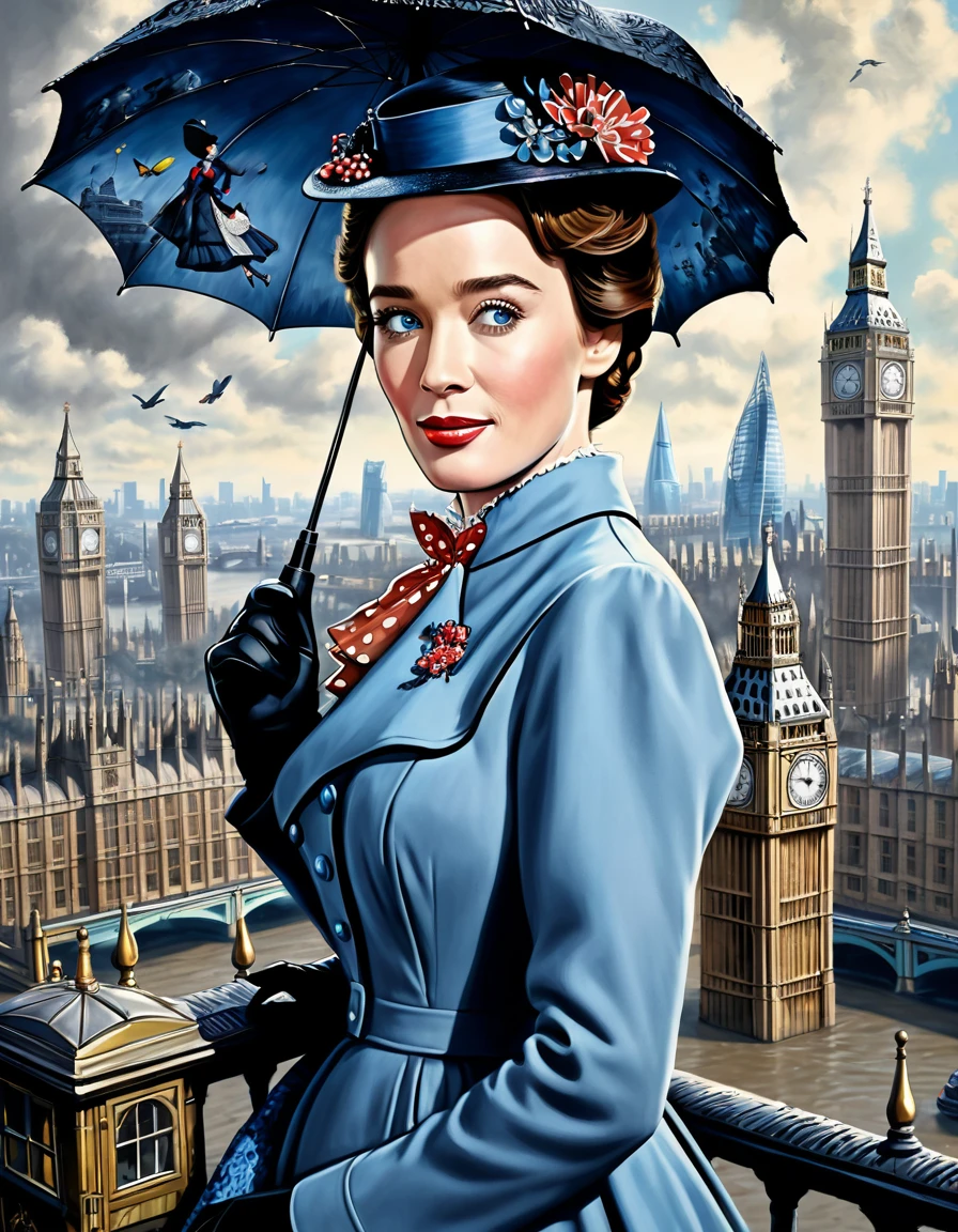 A perfect portrait picture of an enigmatic nany Mary Poppins [Julie Andrews:Emily Blunt:0.5] with aerial background of London, insanely detailed and intricate, realistic style, Don Lawrence Style
