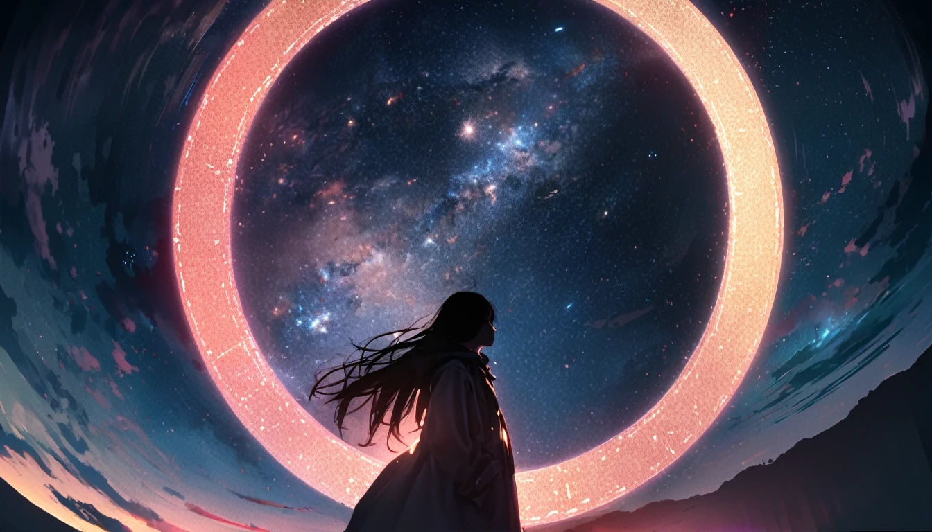 8k,wallpaper of extremely detailed CG unit, masterpiece,hight resolution,top-quality,top-quality real texture skin,hyper realisitic,increase the resolution,RAW photos,best qualtiy,highly detailed,the wallpaper,cinematic lighting,ray trace,golden ratio, BREAK ,many stars twinkling in a beautiful bright winter night sky, long exposure starry sky with many circular orbits, silhouette of a cute young woman with long hair with her hands in her coat pockets looking up at it, photo taken from long distance, photo from below, beautiful kaleidoscope multiple exposures overlapping