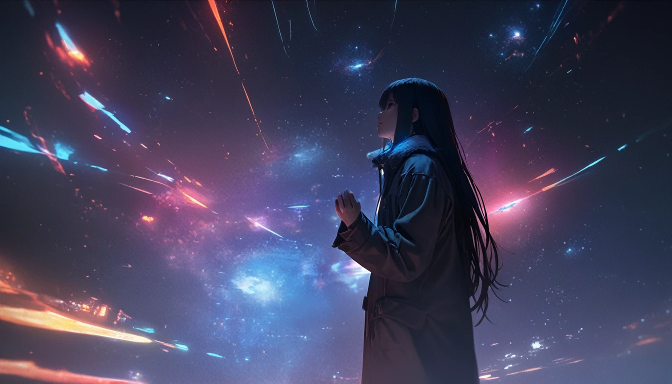 8k,wallpaper of extremely detailed CG unit, masterpiece,hight resolution,top-quality,top-quality real texture skin,hyper realisitic,increase the resolution,RAW photos,best qualtiy,highly detailed,the wallpaper,cinematic lighting,ray trace,golden ratio, BREAK ,many stars twinkling in a beautiful bright winter night sky, long exposure starry sky with many circular orbits, silhouette of a cute young woman with long hair with her hands in her coat pockets looking up at it, photo taken from long distance, photo from below, beautiful kaleidoscope multiple exposures overlapping