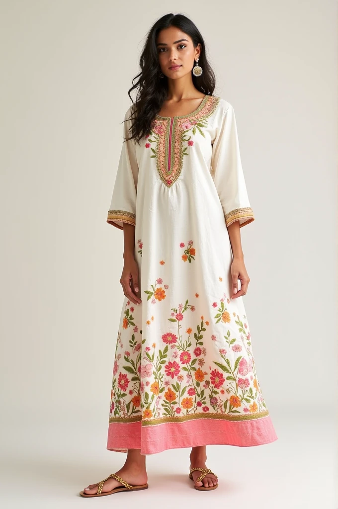 Generate a mood board for pink, green and orange embroidery on white ladies long kurti