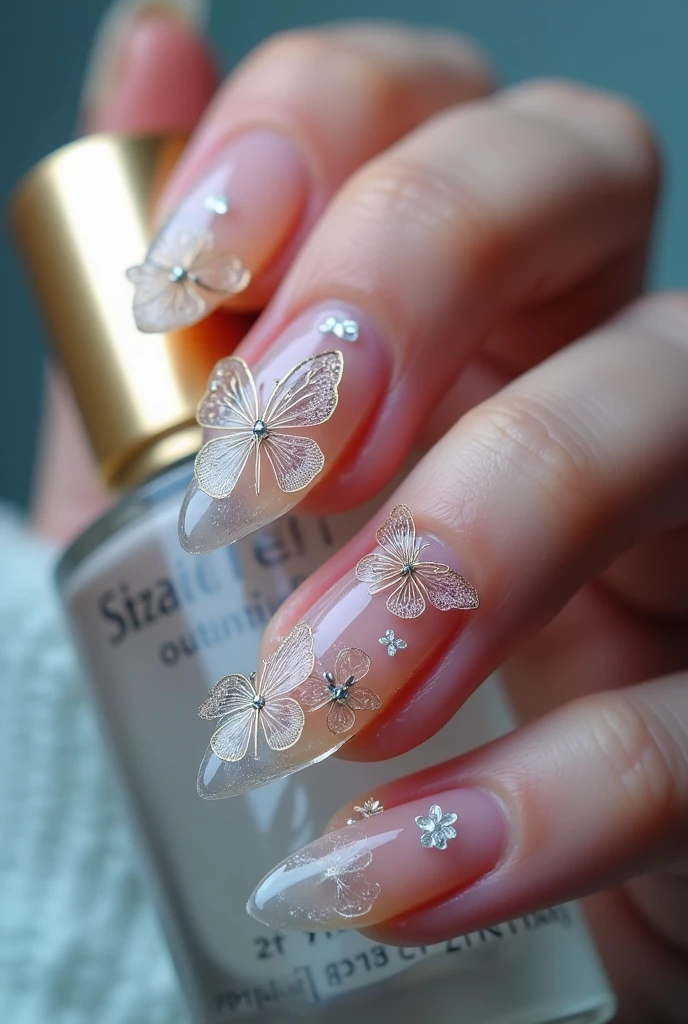Make me nails inspired by buttefly, glass and has 3D effects