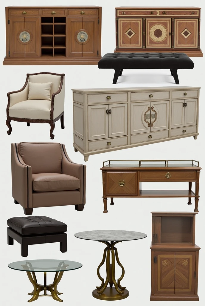 "Design a diverse collection of décor furniture pieces that add character and elegance to any interior space. Focus on creating unique, statement pieces that serve both functional and aesthetic purposes. Use a variety of high-quality materials like natural wood, metal, glass, and stone, each selected to complement different styles from modern to classic.

For storage, design a series of eye-catching sideboards and consoles with intricate woodwork, inlays, or metallic accents. These pieces should feature soft-close drawers, hidden compartments, and decorative hardware. Create a line of accent tables with sculptural bases made from materials like polished brass, wrought iron, or marble, topped with glass or stone surfaces.

Incorporate seating options like accent chairs and benches upholstered in luxurious fabrics such as velvet, leather, or linen, with detailed stitching, tufting, or carved wooden legs. Design decorative shelving units that not only offer storage but also serve as a display for art and accessories, with geometric shapes, asymmetrical designs, and integrated lighting for added drama.

Create a series of coffee tables and ottomans with multifunctional features, such as hidden storage or convertible elements. Design elegant room dividers or screens with ornate patterns, laser-cut designs, or mixed materials that can be used as both functional and decorative elements in open-plan spaces.

Ensure that each piece is crafted to enhance the overall design of the interior, adding layers of texture, color, and form to create a harmonious and visually striking environment."