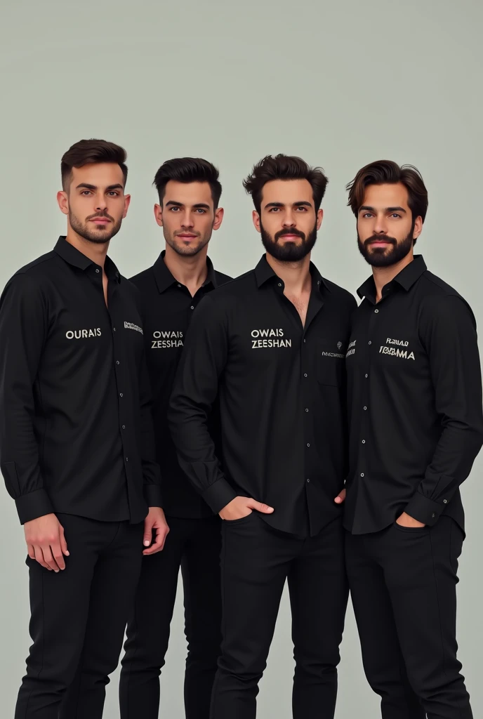 Stand Four white men wear black shirt written owais zeeshan zeerak usama