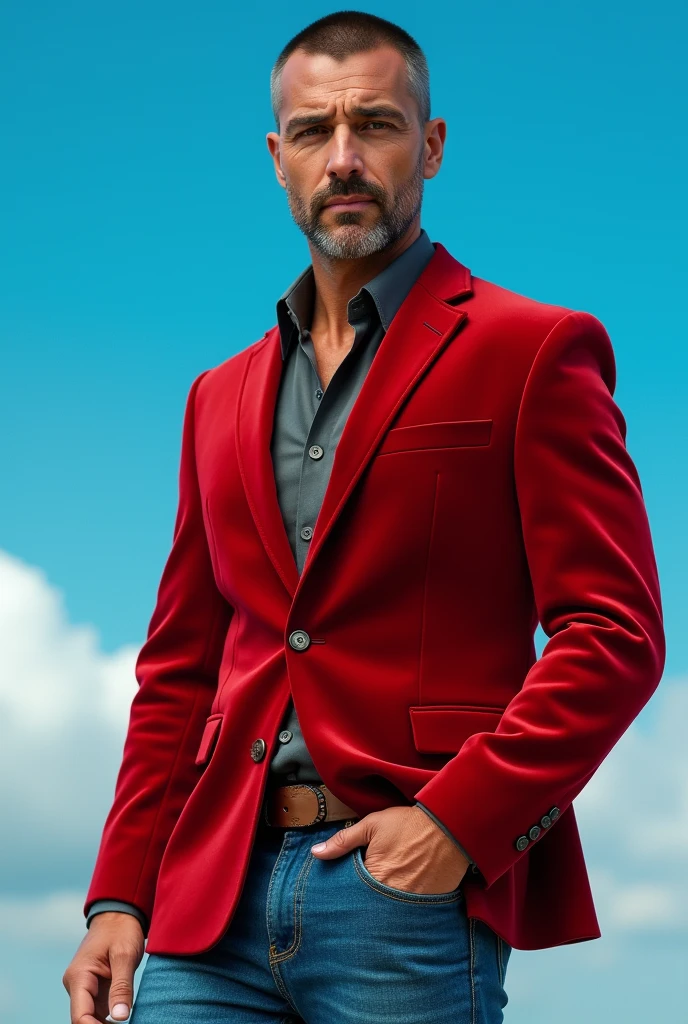 A handsom man in red, photo in the style of Patrick Demarchelier. 
(Dressed in a red velvet jacket and  blue jeans:1.2),Tall and fit , ( 40 years old :1.2), (shaven:1.2), (very short brown hair:1.3), ((very short hair:1.3)). 
in the style of ethereal beauty, Realistic blue sky, Hasselblad 1600F, Hyperrealistic portrait, couleurs vives, Lignes dynamiques, lisse et poli .