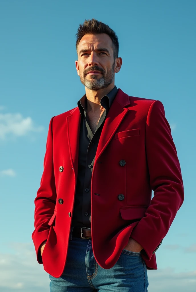 A handsom man in red, photo in the style of Patrick Demarchelier.
(Dressed in a red velvet jacket and blue jeans:1.2),Tall and fit , ( 40 years old :1.2), (shaven:1.2), (very short brown hair:1.3), ((very short hair:1.3)).
in the style of ethereal beauty, Realistic blue sky, Hasselblad 1600F, Hyperrealistic portrait, couleurs vives, Lignes dynamiques, lisse et poli .