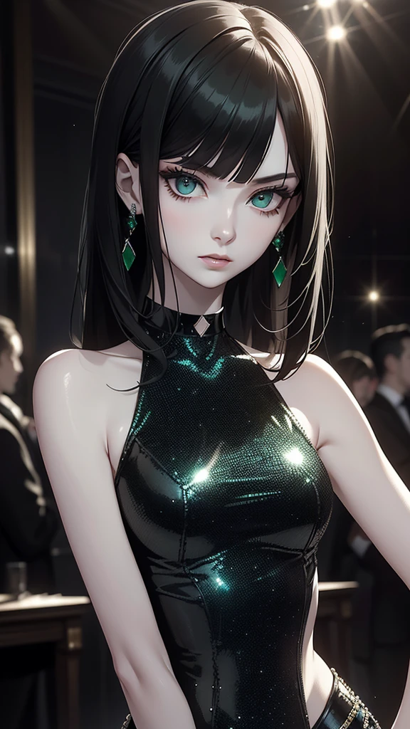 Pale skin, Beautiful slim fit girl, cool, stunning beauty, smug expression, glamerous, sexy, sleeveless sequin figure skating costume, intricate, highly detailed, choker, green-black, stylish black hair, jewelry, diamonds,looking at camera, closeup,