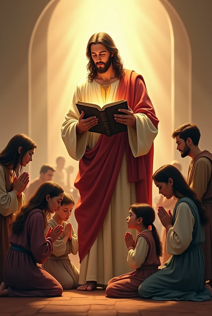 Christ with Bible and families praying in banner form