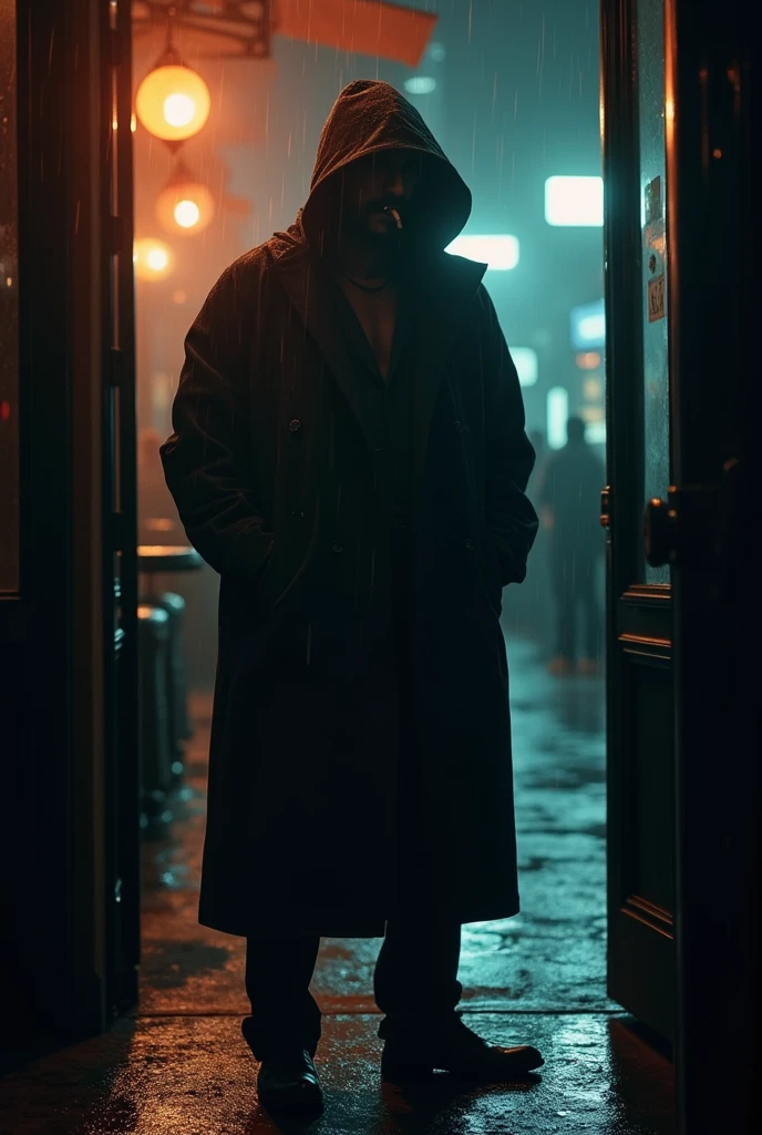 Mysterious man in raincoat smoking leaning on the door of a bar seen from inside the bar from a distance