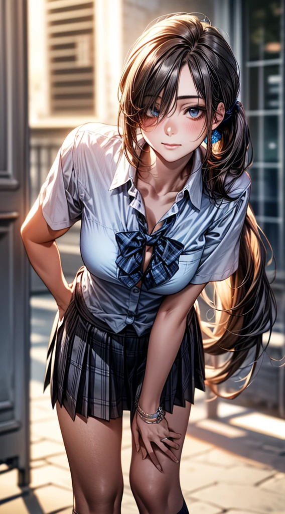 (SFW:1.5) ,Ultra high definition, High detail, Textured skin, retina, High resolution,
(masterpiece:1.2, top-quality), (realistic, photorealistic:1.4), beautiful illustration,
looking at viewer, full body, front view:0.6,
1 girl, japanese, high school girl, (long hair:1.5), blown hair, (side ponytail), hair over one eye, large breasts:0.8,
beautiful hair, beautiful face, beautiful detailed eyes, beautiful clavicle, beautiful body, beautiful chest, beautiful thigh, beautiful legs, beautiful fingers,
(beautiful scenery), school,
((collared short sleeve shirt, white shirt, , grey plaid pleated skirt, blue plaid bow tie)),
(Are standing、slouch, grab the hem of the skirt, hands on chest, hand between leglush,(Leaning forward:1.5)(Portrait Angle)