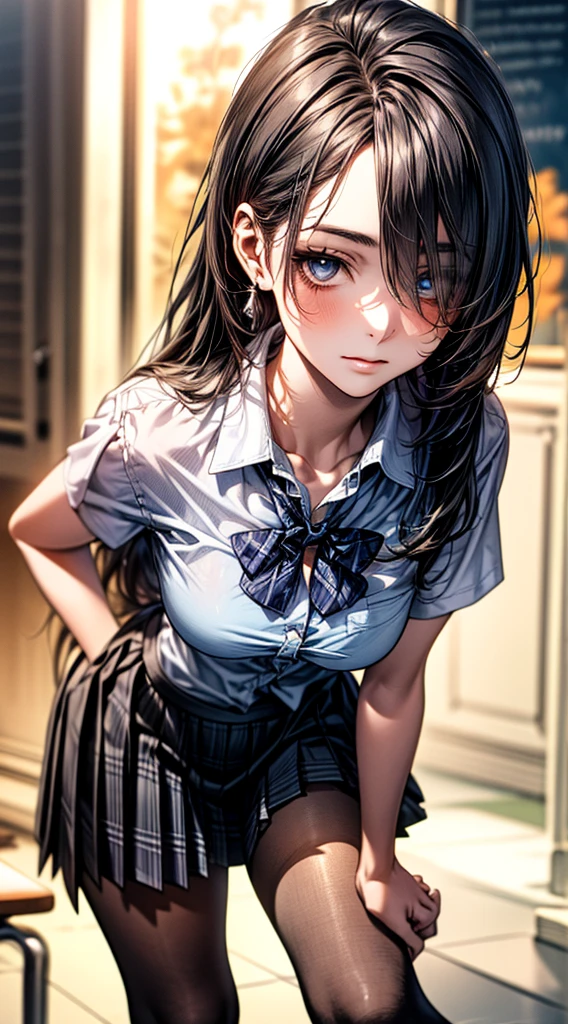 (SFW:1.5) ,Ultra high definition, High detail, Textured skin, retina, High resolution, 
(masterpiece:1.2, top-quality), (realistic, photorealistic:1.4), beautiful illustration, 
looking at viewer, full body, front view:0.6, 
1 girl, japanese, high school girl, (long hair:1.5), blown hair, (side ponytail), hair over one eye, large breasts:0.8, 
beautiful hair, beautiful face, beautiful detailed eyes, beautiful clavicle, beautiful body, beautiful chest, beautiful thigh, beautiful legs, beautiful fingers, 
(beautiful scenery), school,
((collared short sleeve shirt, white shirt, , grey plaid pleated skirt, blue plaid bow tie)), 
(Are standing、slouch, grab the hem of the skirt, hands on chest, hand between leglush,(Leaning forward:1.5)(Portrait Angle)