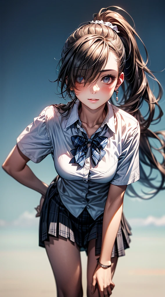 (SFW:1.5) ,Ultra high definition, High detail, Textured skin, retina, High resolution,
(masterpiece:1.2, top-quality), (realistic, photorealistic:1.4), beautiful illustration,
looking at viewer, full body, front view:0.6,
1 girl, japanese, high school girl, (long hair:1.5), blown hair, (side ponytail), hair over one eye, large breasts:0.8,
beautiful hair, beautiful face, beautiful detailed eyes, beautiful clavicle, beautiful body, beautiful chest, beautiful thigh, beautiful legs, beautiful fingers,
(beautiful scenery), school,
((collared short sleeve shirt, white shirt, , grey plaid pleated skirt, blue plaid bow tie)),
(Are standing、slouch, grab the hem of the skirt, hands on chest, hand between leglush,(Leaning forward:1.5)(Portrait Angle)
