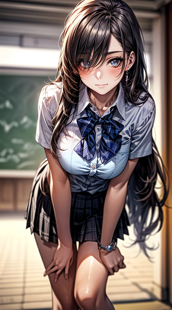 best quality,1girl,((big breasts:1.3)),orgasm,blush,sweat,steam,((empty eyes,pink eyes:1.3)),Mizuki Yukikaze, hair ribbon, white shirt, short sleeves, pleated skirt, blue skirt, white thighhighs,mini skirt,lift skirt,upskirt,white panties,lace panties,((crowd:1.1)),classroom,erect nipples,see through