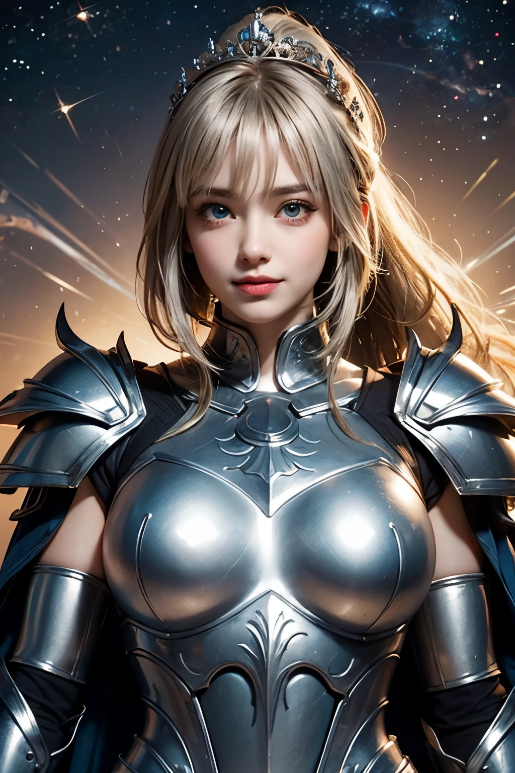 Ultra HD、Ultra-clear、White and beautiful translucent skin、Beautiful and well-proportioned face、Cute smile、Saint Seiya of Libra、Covers the whole body in silver armor、A holy knight in silver armor、Platinum tiara、Silver armor covered in flashy carvings、Heavy silver armor、Translucent beautiful green eyes、Blonde Short-Haired、Big Breasts、Outer space background、ponytail、