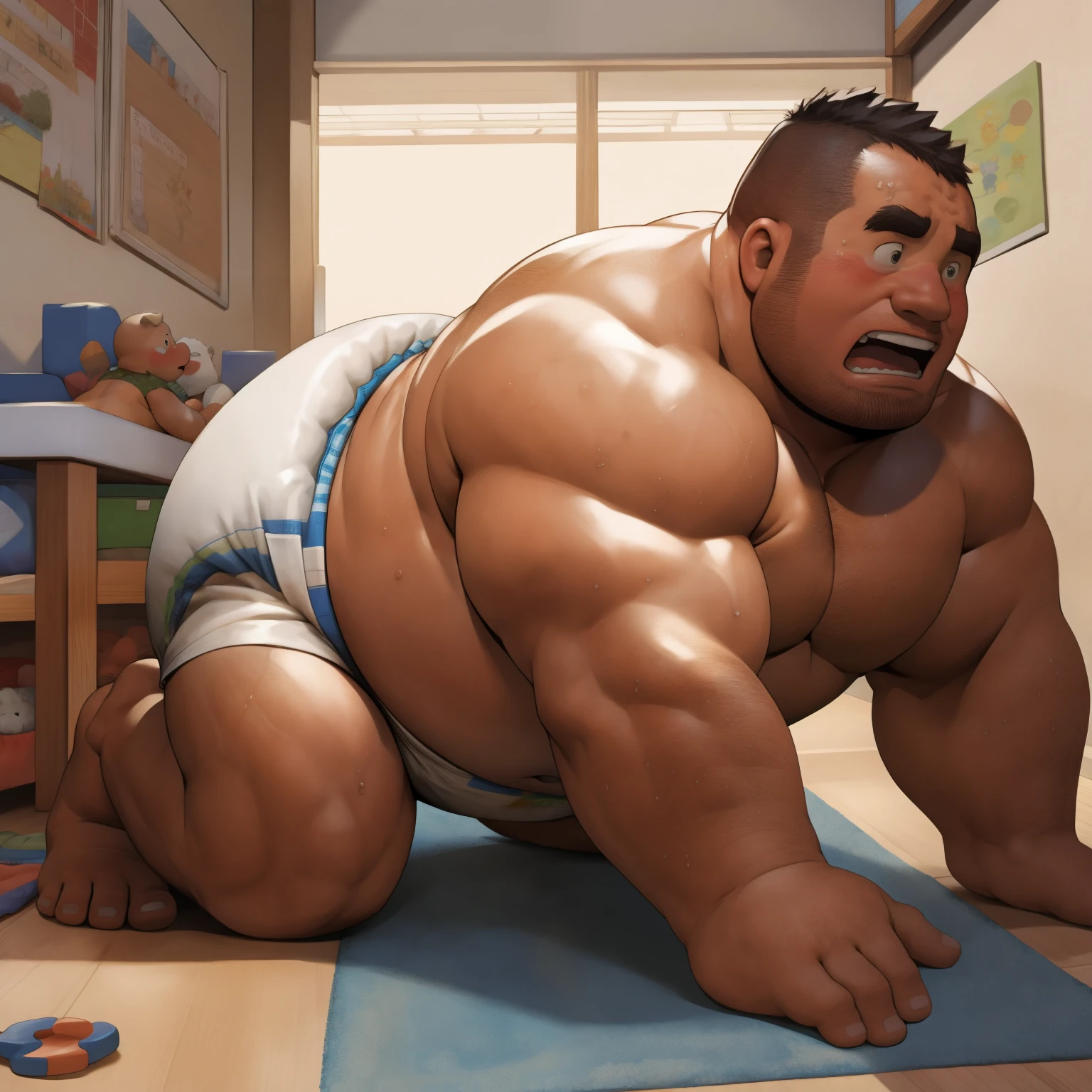 masterpiece, Top quality, in 32K, perfect anatomy, hyper detailed, super fine illustration, The thick man is a brutal prisoner, retarded, hairy human, 50yo in Japan, (fatness: 1.0), Fatty muscle, Bowleg, disappointment, incontinent, be diaper check by children, waddle, There is a small puddle under him, incontinent, Naked, short legs, Bowleg, spread legs, wear a White cloth Diaper, Bare belly, Bare legs, Bare foots, Bare soles, Shirtless, wide forehead and short thinning hair, Man with round face with stubble, Bare foots, Bare soles, shy, sissy, Weaker than children, Drool, Round face, steams, Solo, He enters nursery school and is despised by children, He surrounded by children, His bottom is wet, Bare foots, big butt, he is scolded by the children, White Diaper, He surrounded by children, sobbing, wear a White cloth Diaper, shirtless, There is a small puddle under him, He enters nursery school and is despised by children, big butt, sobbing, He crawling to go to children, on all fours, side view