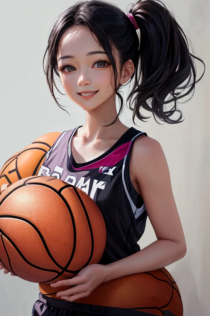 (((Highest quality、8k、32K、masterpiece)))、(Realistic)、(Realistic:1.2)、(High resolution)、Very detailed、Very beautiful face and eyes、1 person、Round and small face、Tight waist、Delicate body、(close、Highest quality、Attention to detail、Rich skin detail)、(Highest quality、8k、Oil paints:1.2)、Very detailed、(Realistic、Realistic:1.37)、Bright colors、(((Black Hair)))、(((Cowboy Shot)))、(((Medium Hair)))、(((Side Ponytail)))、(((Pure white wall background)))、(((Wearing a basketball uniform)))、(((black and pink basketball outfit)))、(((smile)))、(((1 female)))、(((Tank top style uniform)))、((Standing with one's legs crossed、Fold your arms in front of your chest)))