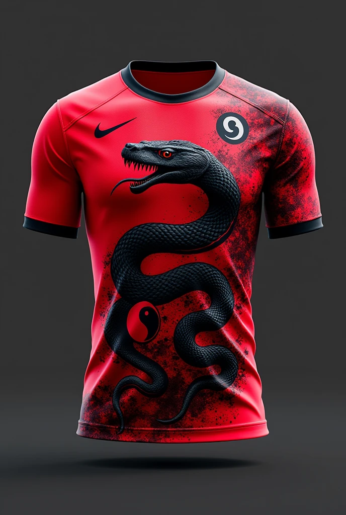 Create an image of an interclass shirt Team name Torra-Torra FC With a snake Color black and red With the Ying Yang symbol With the Nike symbol