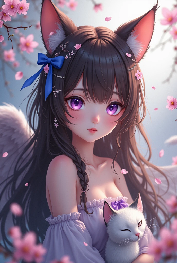 1 Girl, naked, Animal ears, Purple Eyes, Brown hair, wing, Solitary, Long hair, blush, Cat耳朵, Flowers, Looking at the audience, braid, bow, dress, pink Flowers, bow, Hair accessories, Bangs, Cat, Flowering, Animal ear hair, Keep, Virtual YouTuber, Blue bow, Keep animal, Cat女, Plush Toys