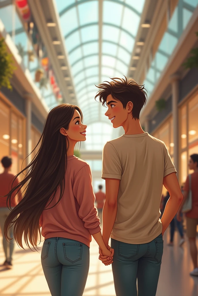 A 20-year-old girl with very pale skin and long, straight, dark brown hair, dark brown eyes, a 20 year old boy with dark brown wavy hair, Brown eyes. They are both holding hands looking very happy walking in a shopping mall