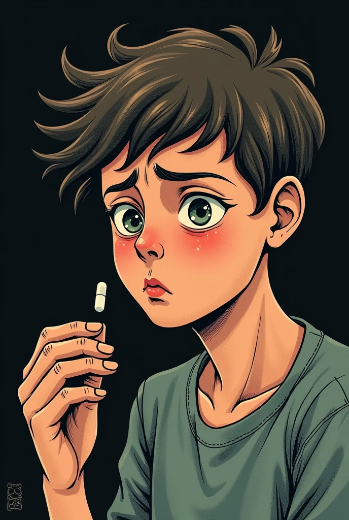 Traditional tattoo design of a boy with dark circles taking xanax