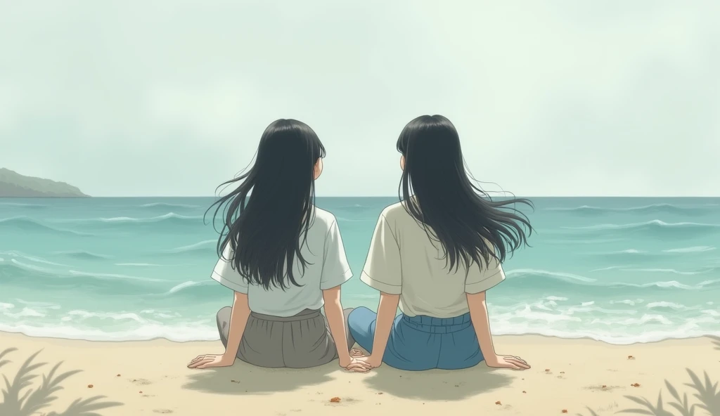 two long haired asian girls, sitting on the sand at the beach looking at the sea on a cloudy day