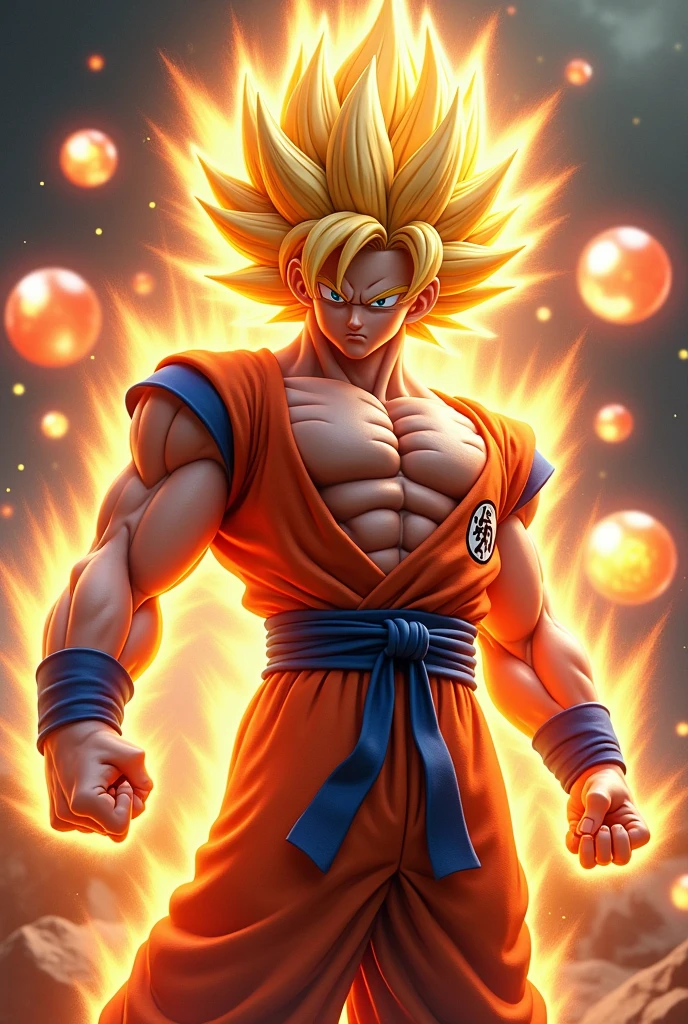  an image of Goku Super Saiyan in an almost realistic version. Her golden hair and intense gaze reflect her power and determination.. 🌟💥

!Goku Super Saiyan if possible surrounded by the 7 spheres 