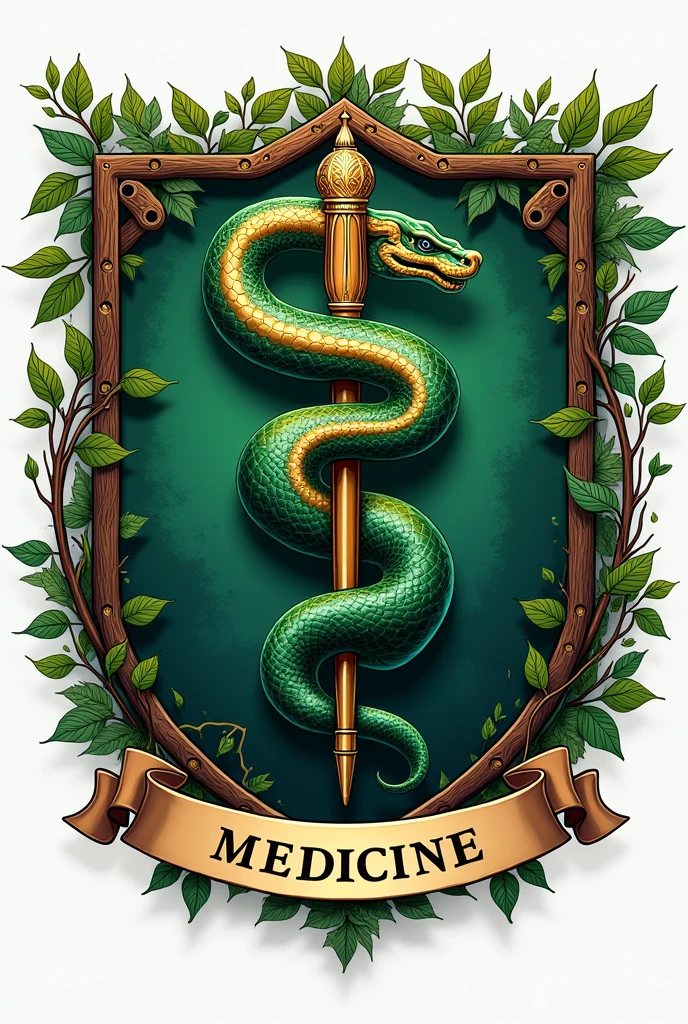 Create a Logo PNG Coat of Arms Heraldic Medicine, Asclepius rod (can't have wings)
Aggressive Snake Shades of Green (predominantly) and gold with details Professional drawing style with a touch of realism Branches and details around the coat of arms Branches inside the coat of arms overcolored with shadows With text strip written MEDICINE CANNOT HAVE WINGS