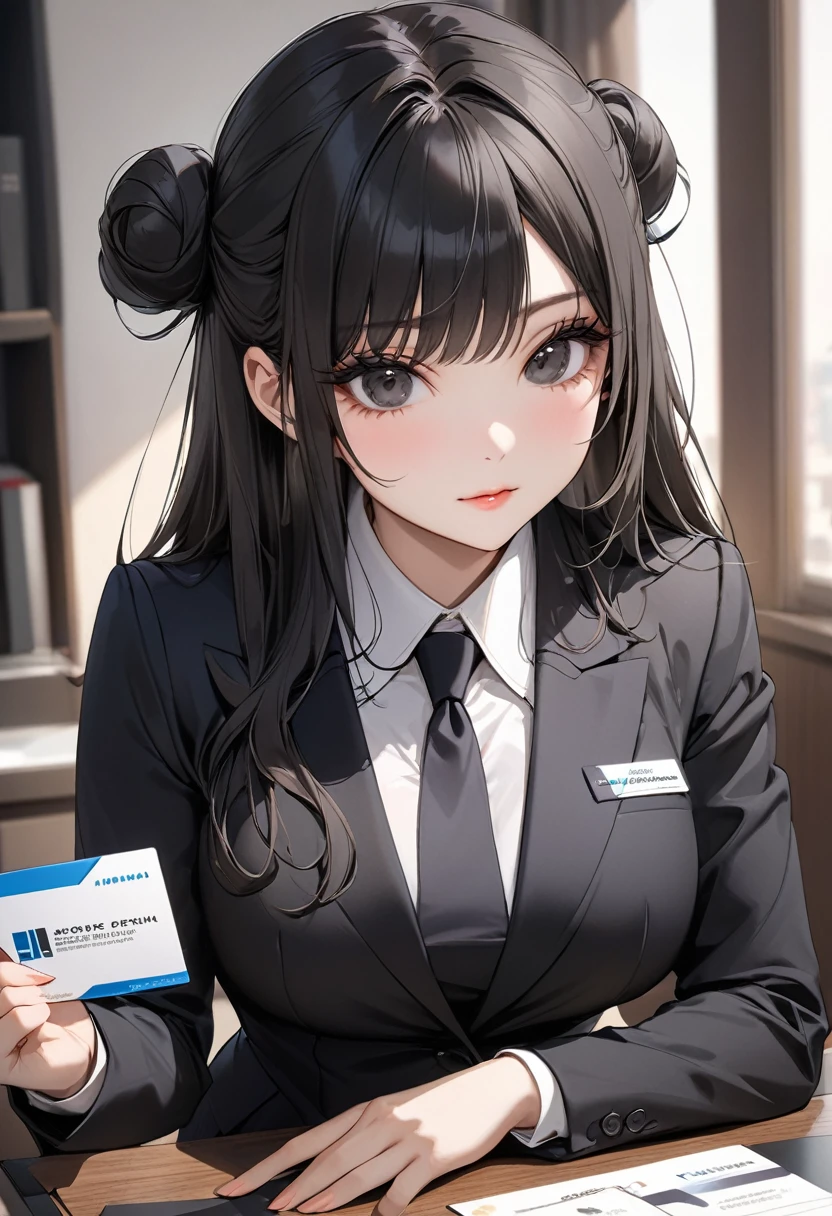 ((best quality)), ((Masterpiece)), (details), 1 woman, Medium bust, black hair, black eyes, ((long hair, buns)), Bangs , curve, beautiful face, Beautiful skin , Long eyelashes, Thick eyelashes, detailsดวงตา, Business attire，Debate，name card