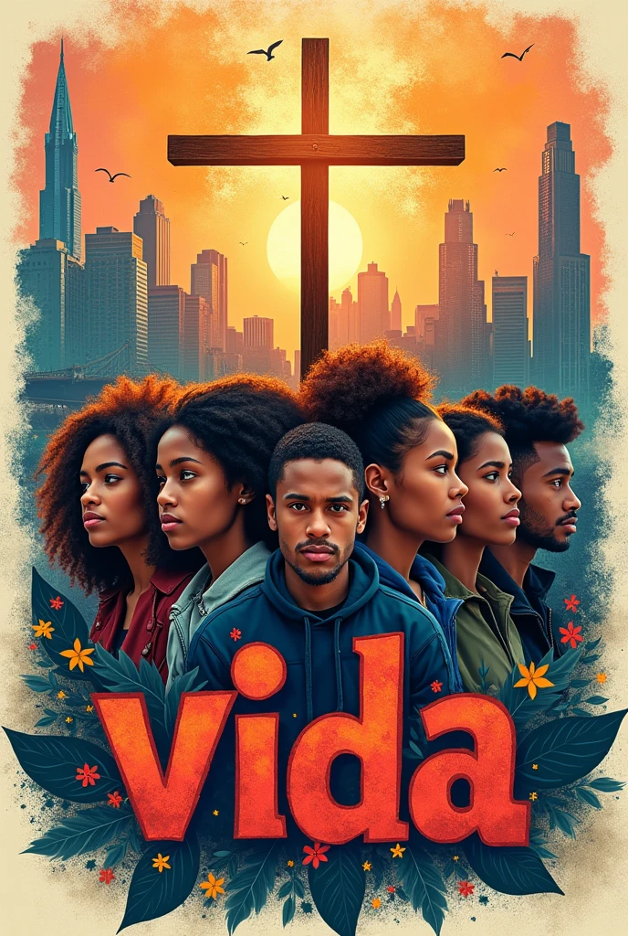 Image with the word LIFE in Spanish for young people with a cross and an urban-style city