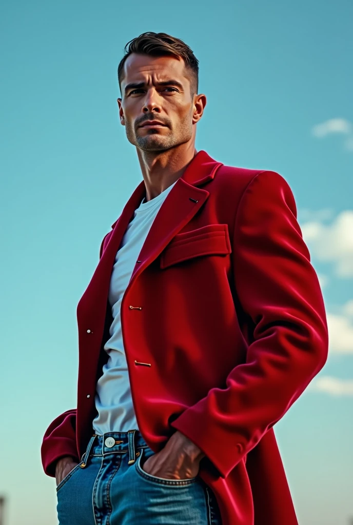 A handsom man in red, photo in the style of Patrick Demarchelier.
(Dressed in a red velvet jacket and blue jeans:1.2),Tall and fit , ( 40 years old :1.2), (shaven:1.2), (very short brown hair:1.3), ((very short hair:1.3)).
in the style of ethereal beauty, Realistic blue sky, Hasselblad 1600F, Hyperrealistic portrait, couleurs vives, Lignes dynamiques, lisse et poli .