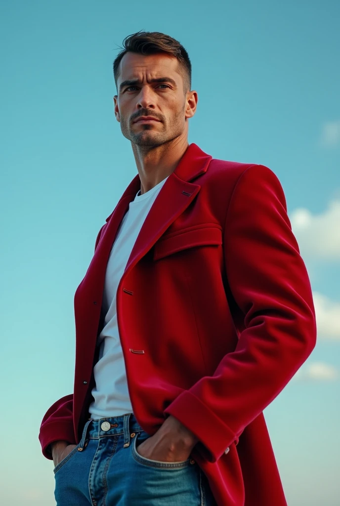 A handsom man in red, photo in the style of Patrick Demarchelier.
(Dressed in a red velvet jacket and blue jeans:1.2),Tall and fit , ( 40 years old :1.2), (shaven:1.2), (very short brown hair:1.3), ((very short hair:1.3)).
in the style of ethereal beauty, Realistic blue sky, Hasselblad 1600F, Hyperrealistic portrait, couleurs vives, Lignes dynamiques, lisse et poli .