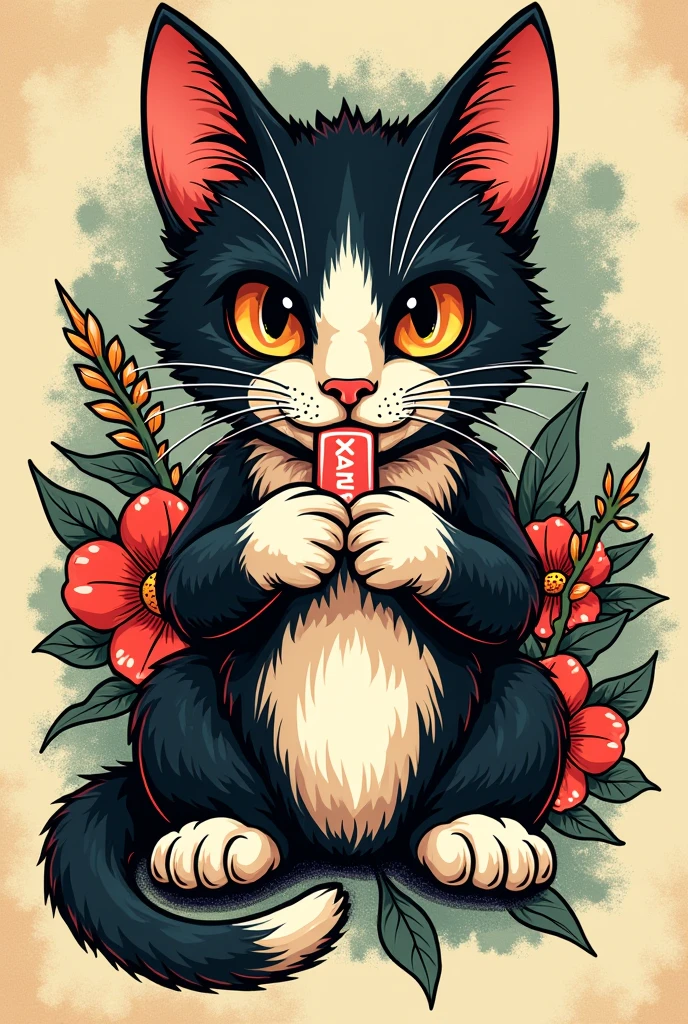 Traditional tattoo design of a cat taking xanax