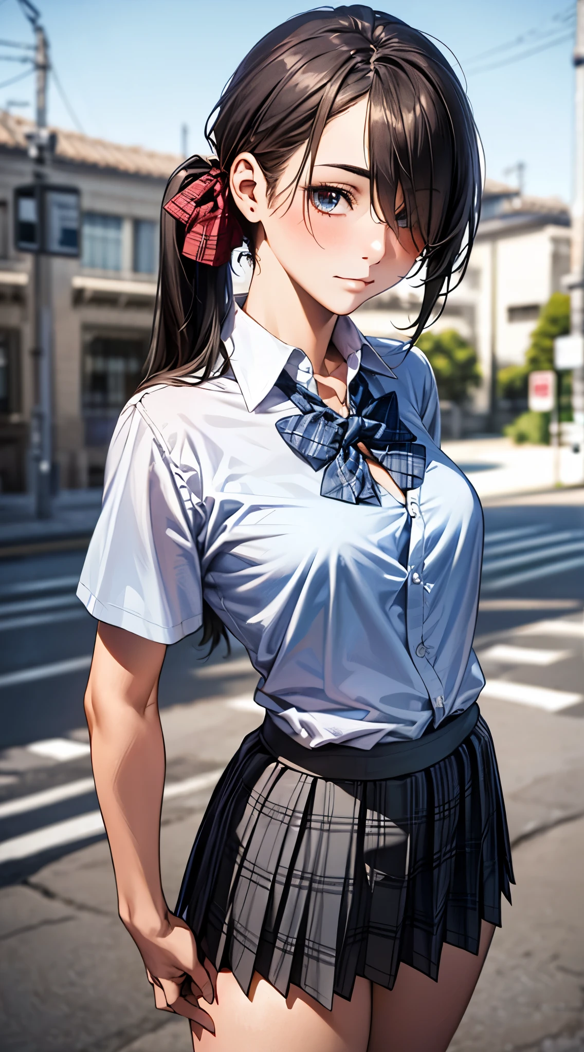 (SFW:1.5) ,Ultra high definition, High detail, Textured skin, retina, High resolution,
(masterpiece:1.2, top-quality), (realistic, photorealistic:1.4), beautiful illustration,
looking at viewer, full body, front view:0.6,
1 girl, japanese, high school girl, (long hair:1.5), blown hair, (side ponytail), hair over one eye, large breasts:0.8,
beautiful hair, beautiful face, beautiful detailed eyes, beautiful clavicle, beautiful body, beautiful chest, beautiful thigh, beautiful legs, beautiful fingers,
(beautiful scenery), school,
((collared short sleeve shirt, white shirt, , grey plaid pleated skirt, blue plaid bow tie)),
(Are standing、slouch, grab the hem of the skirt, hands on chest, hand between leglush,