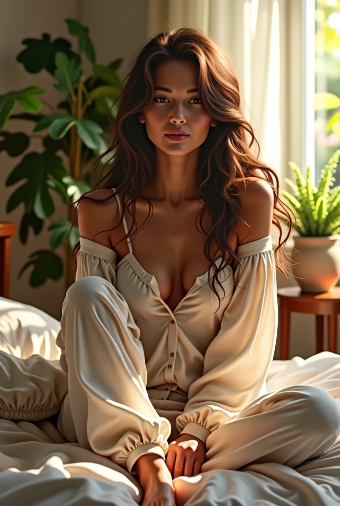 photorealism:1.), beautiful woman, sitting on bed, wearing loose off-shoulder top, pajama pants, long curly hair, indoors, soft lighting, plants in background, window with sunlight, cozy room, relaxed pose, realistic, intricate details, warm colors, by Greg Rutkowski, by Alphonse Mucha