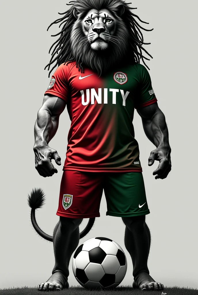 create an image of a black and white lion with dreadlocks in his mane with the colors red and green standing and stepping on a soccer ball dressed in a soccer team uniform without a shield or markings with the colors red and green written large on the BABA shirt UNITY
