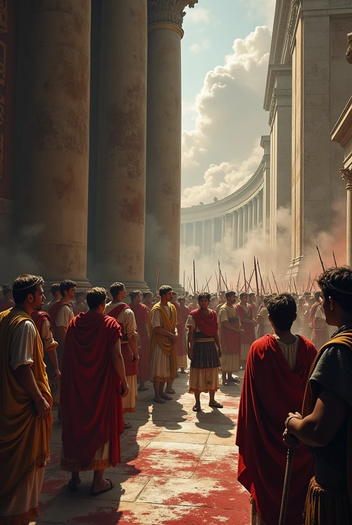 The Internal Collapse of Rome
A split scene showing the contrast between the grandeur of the Roman Senate and the chaos of a battlefield. On one side, senators argue and conspire in an opulent hall, while on the other, Roman soldiers struggle against each other, representing internal strife and division. The image is dark and moody, with a sense of inevitable collapse.