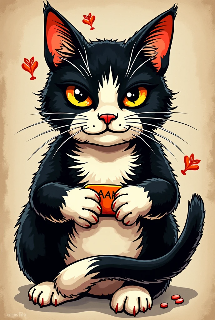 Traditional tattoo design of a cat taking xanax