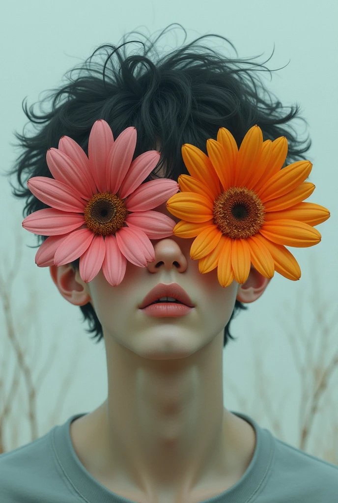 Male with two flowers covering her eyes