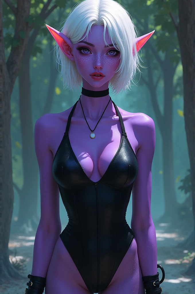 Elf woman with purple skin, short white hair and white freckles on the nose and cheeks, wearing a black swimsuit and thigh-high boots