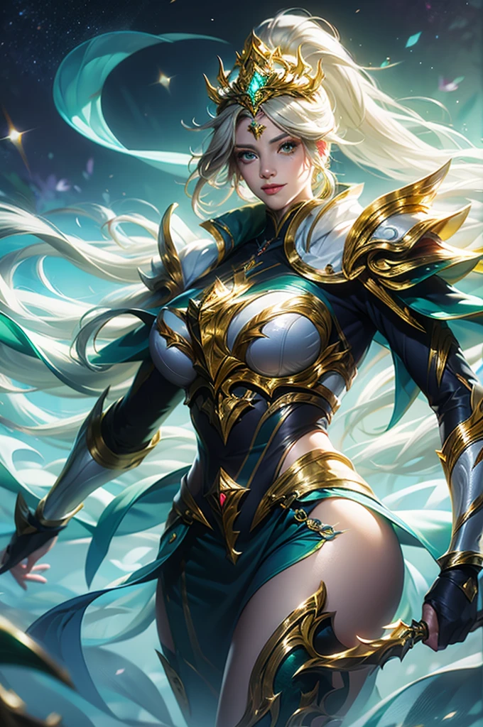 Ultra HD、Ultra-clear、White and beautiful translucent skin、Beautiful and well-proportioned face、Cute smile、Saint Seiya of Libra、Covers the whole body in silver armor、A holy knight in silver armor、Platinum tiara、Silver armor covered in flashy carvings、Heavy silver armor、Translucent beautiful green eyes、Blonde Short-Haired、Big Breasts、Outer space background、ponytail、