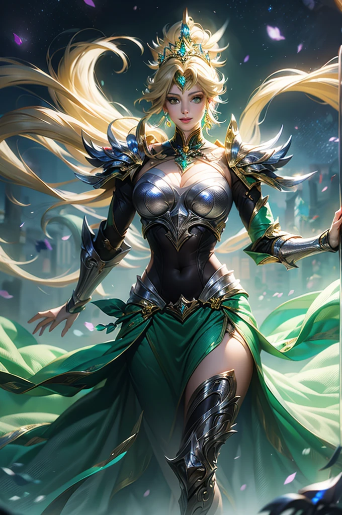Ultra HD、Ultra-clear、White and beautiful translucent skin、Beautiful and well-proportioned face、Cute smile、Saint Seiya of Libra、Covers the whole body in silver armor、A holy knight in silver armor、Platinum tiara、Silver armor covered in flashy carvings、Heavy silver armor、Translucent beautiful green eyes、Blonde Short-Haired、Big Breasts、Outer space background、ponytail、