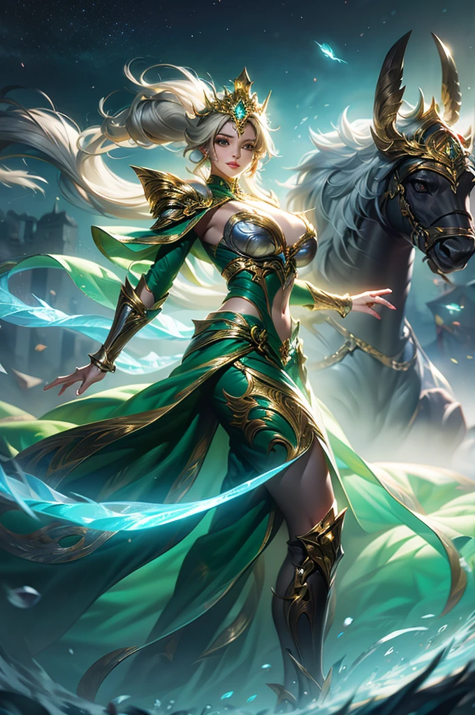 Ultra HD、Ultra-clear、White and beautiful translucent skin、Beautiful and well-proportioned face、Cute smile、Saint Seiya of Libra、Covers the whole body in silver armor、A holy knight in silver armor、Platinum tiara、Silver armor covered in flashy carvings、Heavy silver armor、Translucent beautiful green eyes、Blonde Short-Haired、Big Breasts、Outer space background、ponytail、
