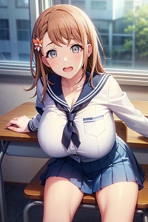 (Hanasato minori is spreading her legs wide open while sitting on a school chair and looking at the viewer: 1.6), 1 girl, hanasato minori, (super big tits and giant cleavage: 1.7), (black eyeliner: 1.3), (peach lip gloss: 1.4), (white sailor blouse: 1.4), (red tie: 1.4), (blue pleated skirt: 1.4), (black loafer: 1.4), (very embarassed flushed face: 1.5), (moaning with open mouth: 1.4), inside a classroom, sunset, near a windows with school courtyard landscape