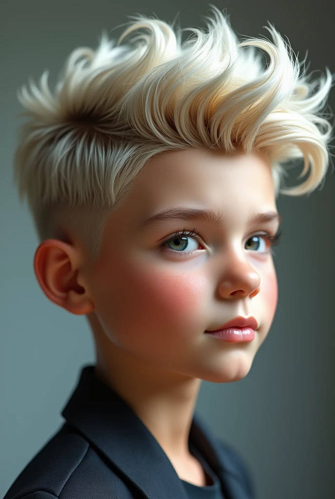 Model boy kid with blonde hair is styled in a modern and trendy manner, with a voluminous top that is swept to one side and slightly textured. The sides are closely trimmed, creating a contrast with the longer hair on top epic realism