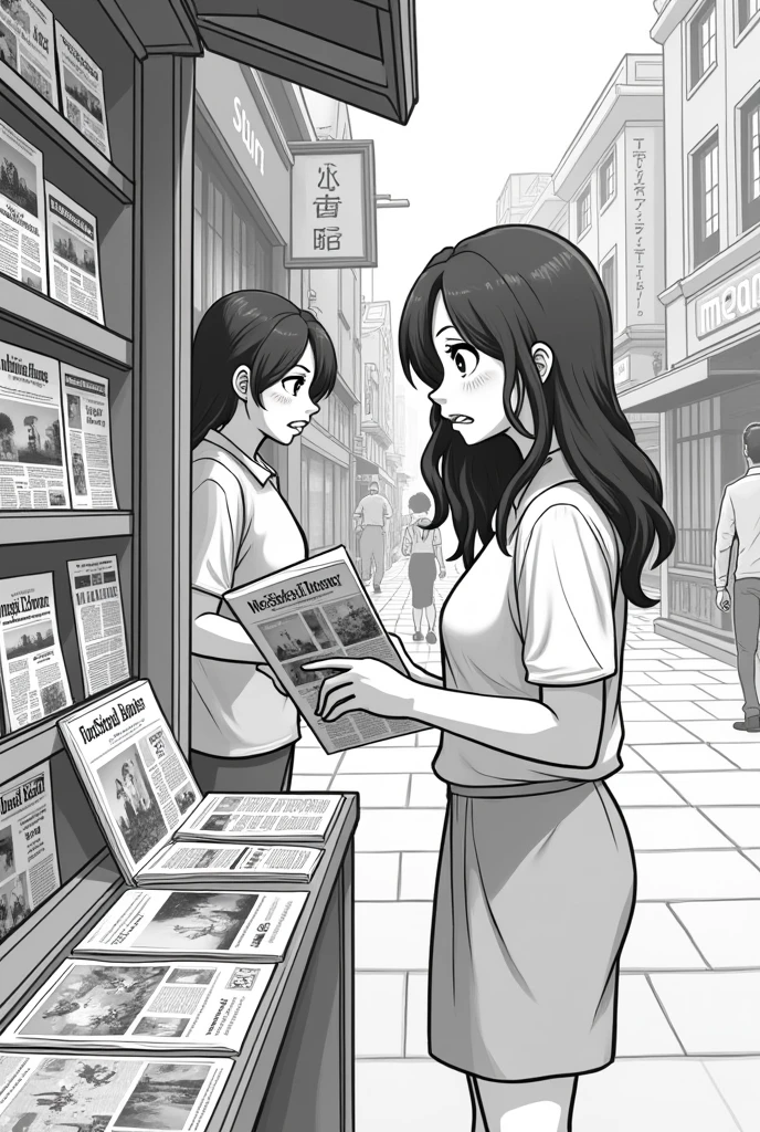 An easy to draw image of the same lady who, a little annoyed, goes to the newspaper stand and buys a magazine.