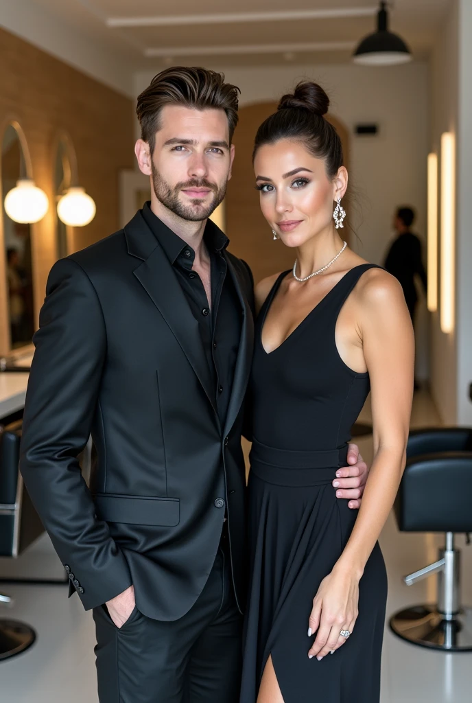 Man and woman posing in hair salon