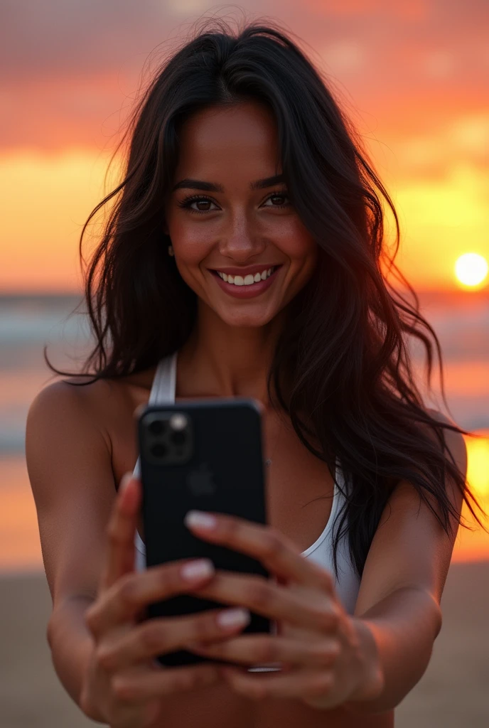 (photorealism: 1.2), hot brazilian sexy girl in sexy dynamic pose. raw portrait photography, hyper realistic and detailed face, complex and realistic skin texture, hot body, athletic body, smiling, long black hair, black iphone 15 selfie, in the beach with sunset
