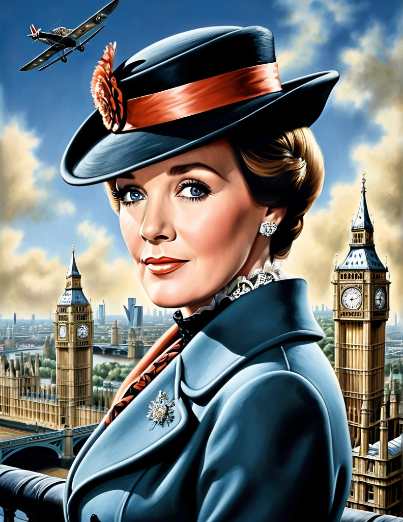 A perfect portrait picture of an enigmatic nany [Mary Poppins:Julie Andrews:0.1] with aerial background of London, insanely detailed and intricate, realistic style, Don Lawrence Style