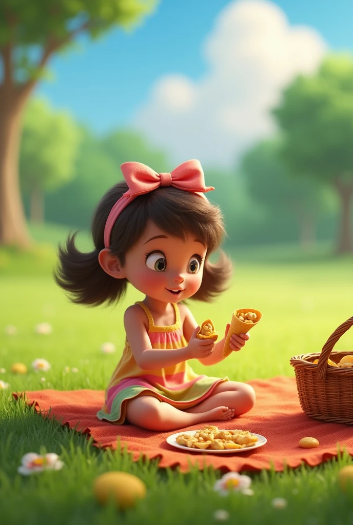 At a picnic, a girl takes out some tortilla cones filled with chicken popcorn from her basket in the foreground