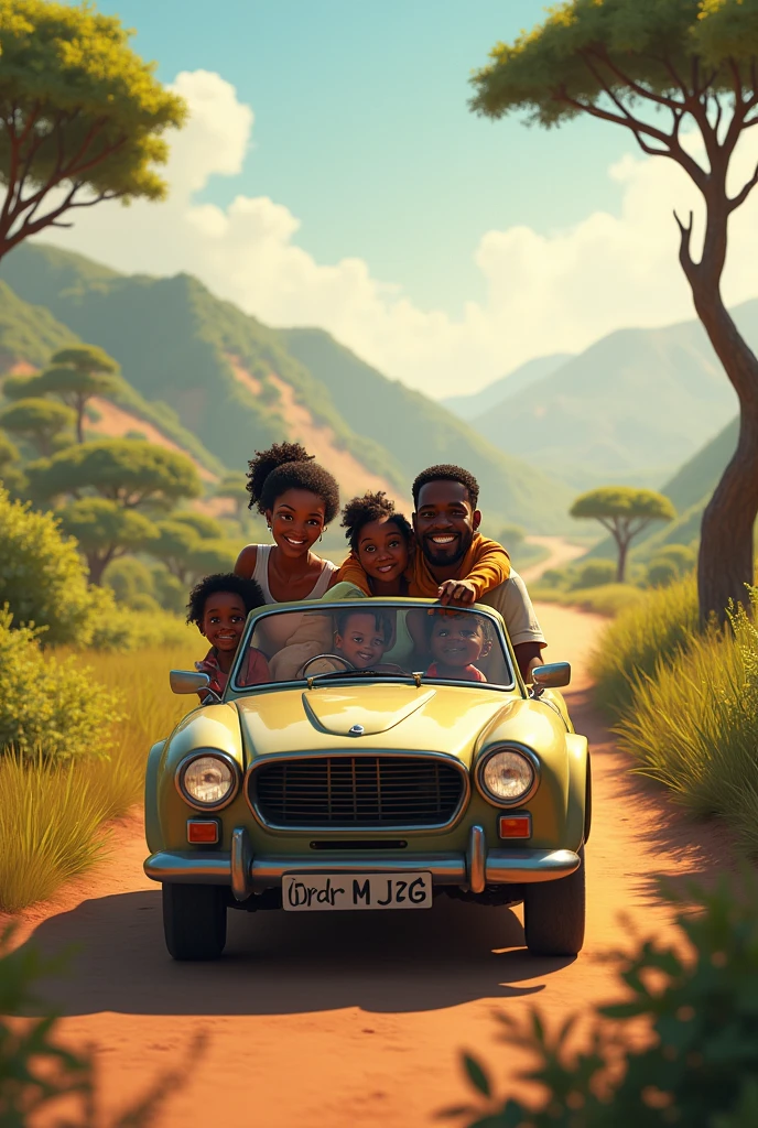 An african family driving in a car with two girls and a mother and a father as the driver